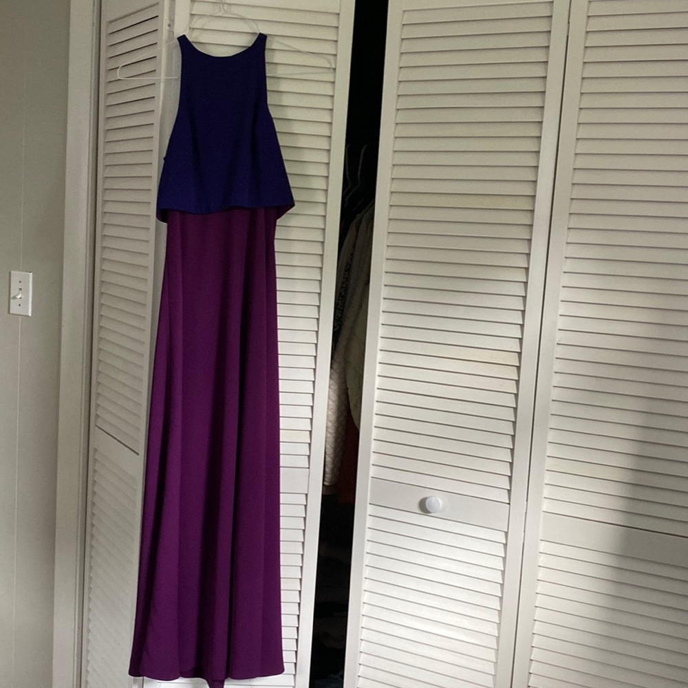 Purple color block long dress. Back zipper and open open back